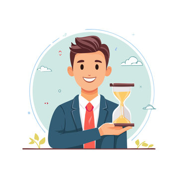 Smiling businessman holding hourglass illustration