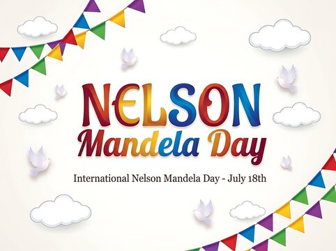 Colorful nelson mandela day celebration poster with banners clouds and doves in vibrant design