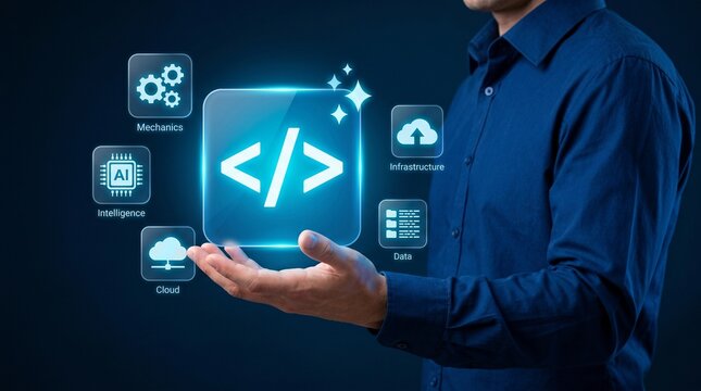 Low code no code development and programming concept with a professional presenting virtual coding, AI automation, cloud computing, and software integration for app development.