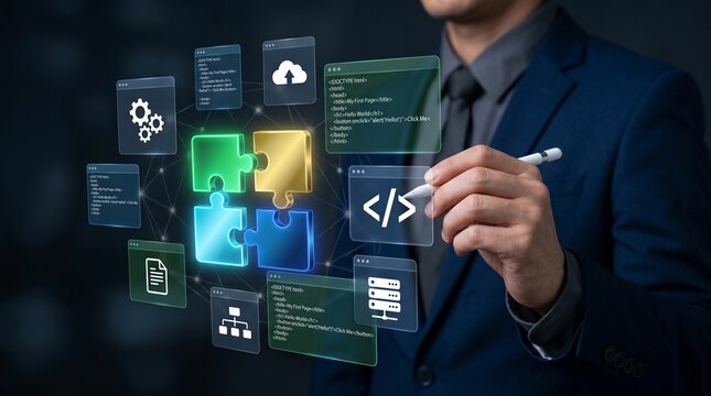 Low code no code development platform concept featuring a professional using a stylus on a digital interface, app builder tools, cloud integration, and workflow automation.