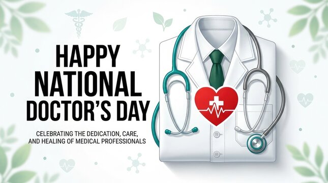 Happy national doctors day floral banner template featuring a white medical gown icon with red heart pulse