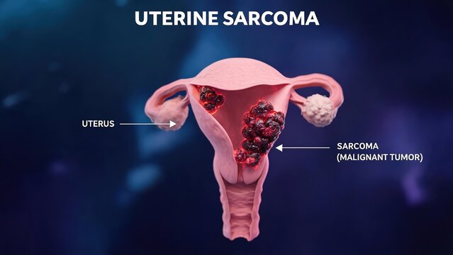 Labeled 3D Medical Anatomical Render of Uterine Sarcoma Malignant Tumors Inside Female Uterus, Annotated Healthy Womb and Dark Red Glowing Cancer Lesions with White Arrow Text Labels, Blurred Gradient