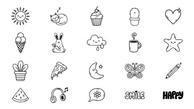 Doodle Icons Set of Playful Whimsical Stationeries with Smiling Elements and Hearts on White Background