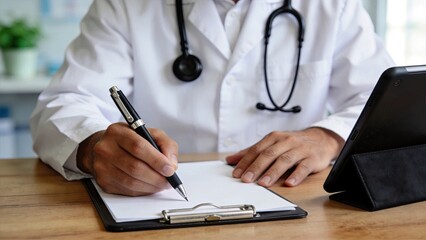 Fototapeta premium Doctor writing prescription on clipboard at desk with tablet computer, medical healthcare professional working in clinic or hospital