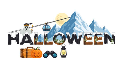 Spooky Mountain Adventure: A whimsical illustration blends Halloween themes with a mountain resort setting, featuring a ghost, pumpkins, and skiing elements, perfect for a festive holiday escape. © AJM