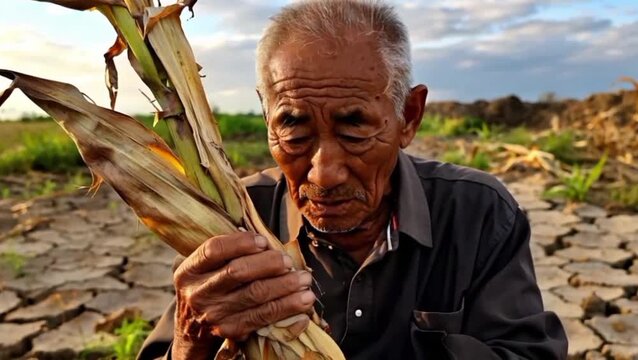 Close up of worried senior Asian farmer holding withered corn stalks on dry cracked earth during extreme drought climate change global warming crisis cinematic 4k
