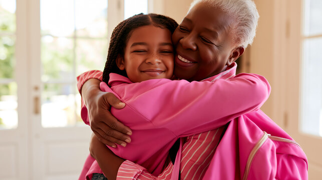 Grandmother granddaughter reunion, warm hug, bright home entryway, soft window light, joyful family bond, serotonin relationship mood, heartfelt intergenerational love.
