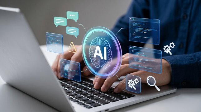Vibe coding tool. AI assisted software development and automated error or bug detection. Programmer using AI to generate code for creating applications on a laptop.