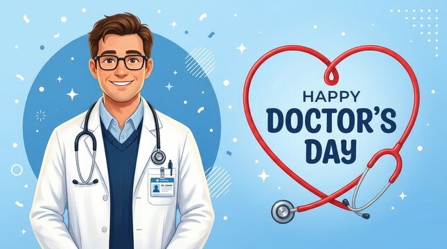 Friendly cartoon male doctor vector banner with glasses and stethoscope wrapping around a large red heart outline