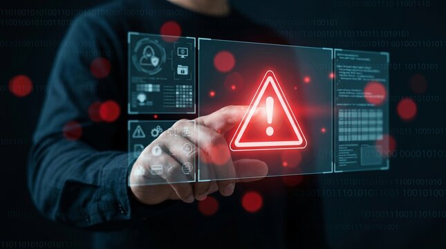 Warning alert icon with a hacked system. Malicious software, virus, spyware, malware, or cyberattacks on computer networks. Internet security, online scams, and compromised digital data.
