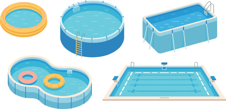 Flat Style Swimming Pool Vector Set Featuring Inflatable Kiddie Round Rectangular Freeform And Olympic Lap Pool Designs With Ladders And Floats For Summer And Recreation Design