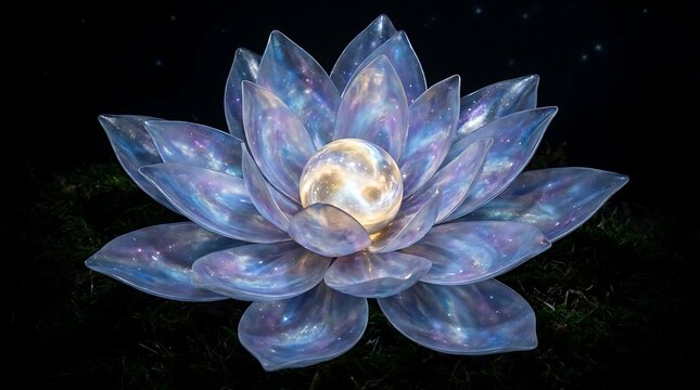 Radiant cosmic lotus flower featuring translucent iridescent petals and a glowing central orb captured in a surreal style with deep blue and purple nebula light textures