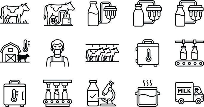 Dairy Farm Milk Production and Processing Factory Line Icon Set for Agriculture Industry Websites Mobile App Designs