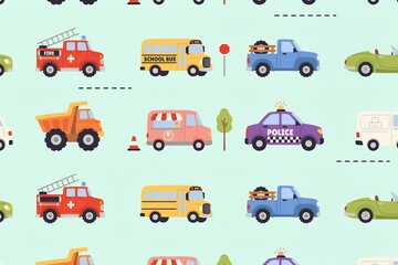 Naklejka premium Seamless pattern featuring cute cartoon vehicles including fire trucks, school buses, police cars, dump trucks, and vans on a light blue background