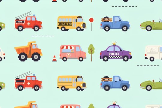 Seamless pattern featuring cute cartoon vehicles including fire trucks, school buses, police cars, dump trucks, and vans on a light blue background