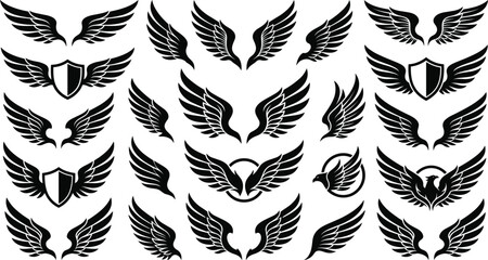 Wing silhouette collection with heraldic shield eagle emblem, automotive motorcycle tattoo vector design illustration set © Sagor