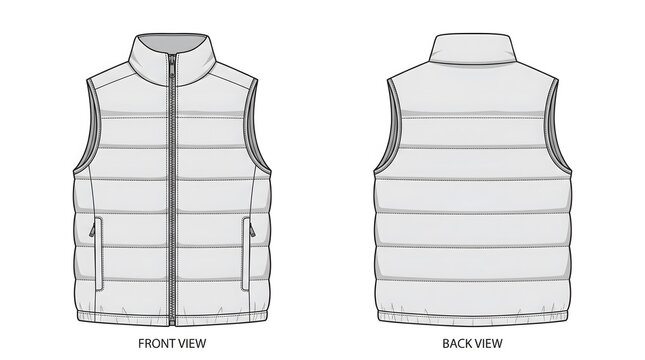 Fashion Design Template Sleeveless Vest &ndash; Puffer Jacket Technical Flat Sketch Grayscale Illustration