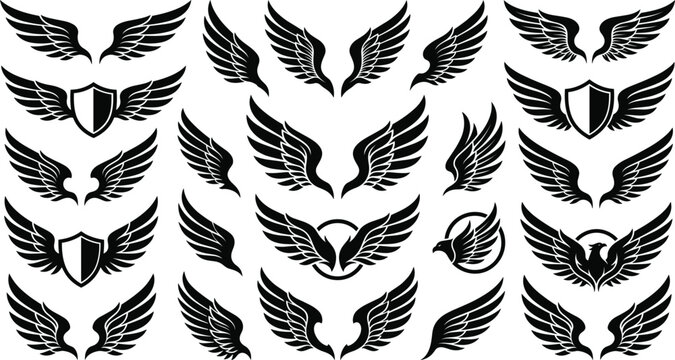 Wing silhouette collection with heraldic shield eagle emblem, automotive motorcycle tattoo vector design illustration set
