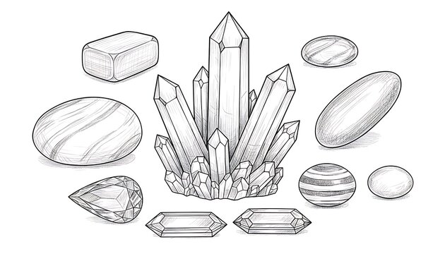 Hand drawn natural crystals and polished rocks displaying different shapes and textures on white surface