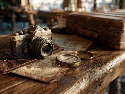 Top view of vintage camera, map, compass, and bag on rustic wood. Warm amber lighting and shallow depth of field evoke nostalgic travel. Features copy space for blog headers and editorial layouts.