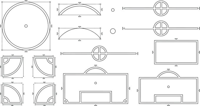 Illustration of Technical drawing of various geometric shapes and measurements.