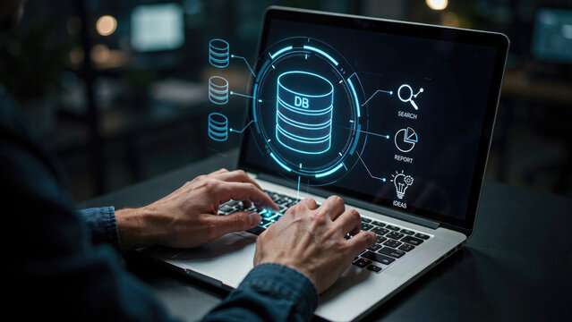 Person typing on laptop with database schema on screen, coding and software development concept