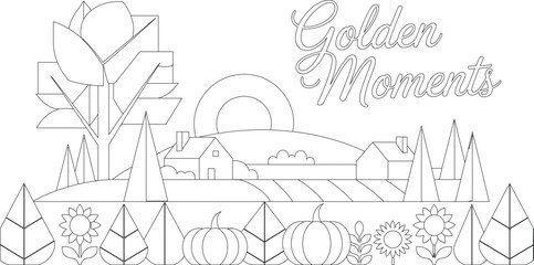 Fototapeta premium Rural autumn landscape with houses, fields, and sunflowers, showcasing golden seasonal moments