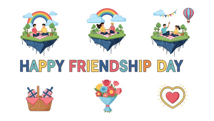 Fototapeta premium Celebrating Friendship: A vibrant collection of illustrations depicting friendship moments, including picnics under rainbows, gift baskets, and a bouquet of flowers.
