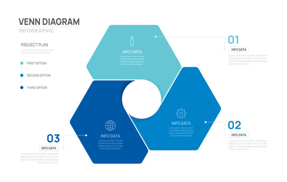 Venn diagram infographic chart template for business 3 geometric parts options, presentation with venn diagram elements vector illustration.