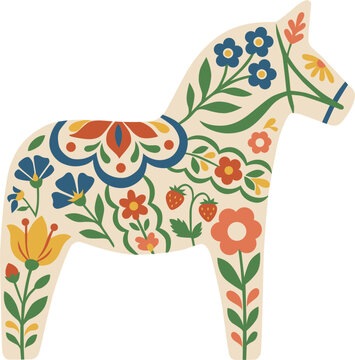 Cute Scandinavian Sweden Dala horse element with floral and strawberry decorations. Folk art vector graphic design for greeting cards, prints, posters, and souvenirs.