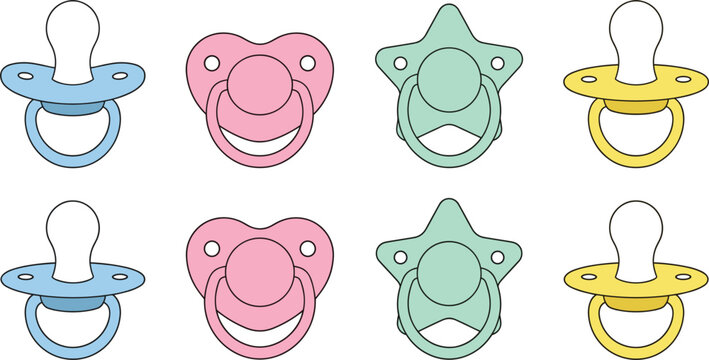 Cute baby pacifier icon set, colorful dummy soother collection, infant care vector cartoon illustration
