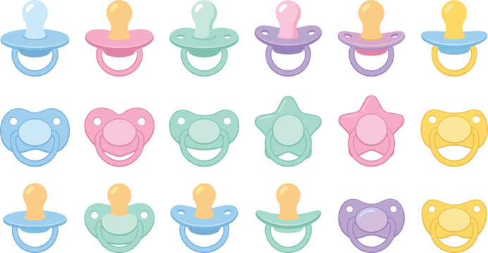 Cute baby pacifier icon set, colorful dummy soother collection, infant care vector cartoon illustration