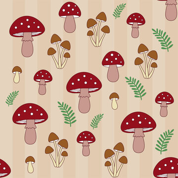 Autumn mushroom seamless pattern with fern leaves on striped beige background. Vector illustration of woodland red and brown mushrooms backdrop for textile, wallpaper, and fabric design.