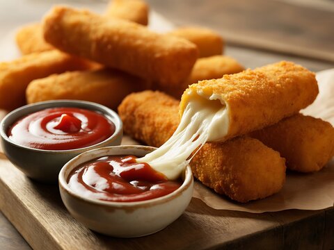 Mozzarella Cheese Sticks with Ketchup on Wooden Board