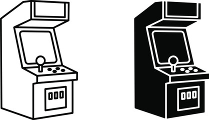 Retro arcade game machine with joystick and buttons shown in outline and solid silhouette styles © Sujon Sharma