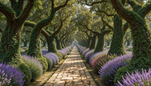 This image appears to depict a picturesque scene with a stone path lined with olive trees and lavender