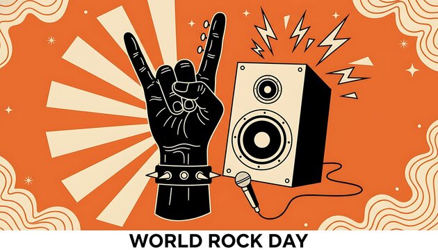 Hand making rock and roll gesture with audio equipment celebrating World Rock Day event