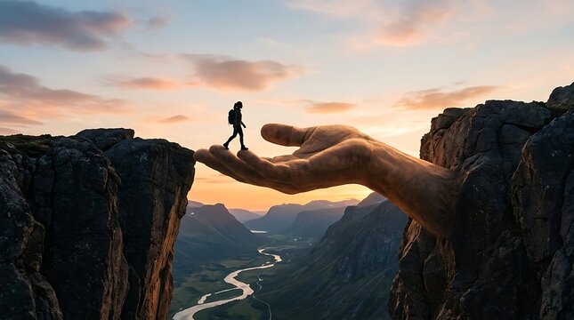 Person walking on giant hand acting as bridge between two cliffs in mountain landscape at sunset