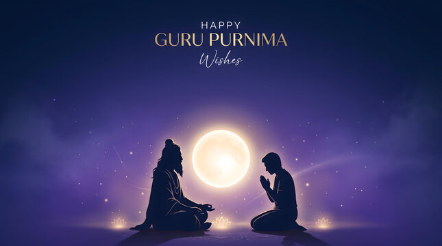 Guru Purnima celebration featuring guru and kneeling disciple beneath glowing full moon, symbolizing devotion, wisdom, festival greeting banner design.