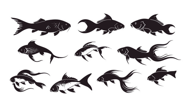 Black fish silhouette collection, 10 aquatic animal vector icons, minimalist goldfish and carp silhouettes for logo design and fishing graphics