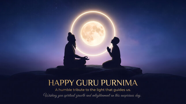 Guru Purnima celebration portraying guru and disciple beneath luminous full moon, honoring spiritual guidance, enlightenment, Guru Shishya tradition, festival greeting design.