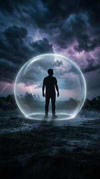 Man standing inside protective glass bubble during heavy thunderstorm with lightning