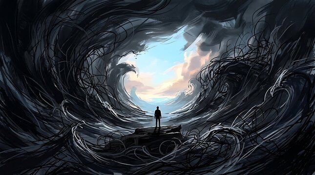 Man standing on platform facing massive swirling dark waves of chaotic abstract energy