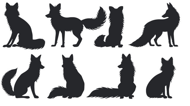 Fox silhouette vector collection, 8 wild animal silhouettes in various poses, black fox icons for nature branding and outdoor logos