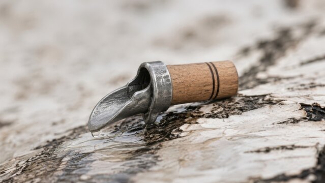 maple sap spile on birch bark with cinematic soft light and clean negative space for premium stock background