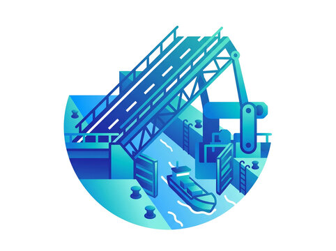 Isometric illustration of a mechanical drawbridge raising to allow a cargo ship to pass through the waterway below featuring vibrant blue gradients and clean geometric lines on white background