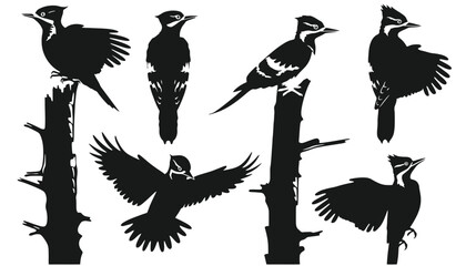 Obraz premium Black silhouettes of woodpeckers in different poses, perched on tree trunks and in flight, isolated on a white background.