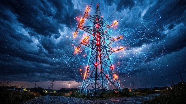 Electricity pylon sparks with glowing red lights under stormy night sky with blue network connections
