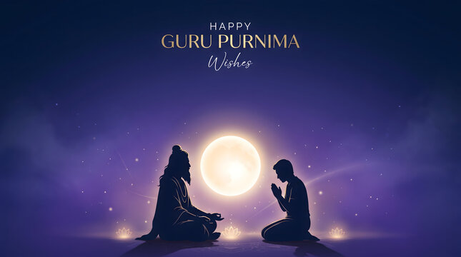 Guru Purnima celebration with guru and disciple silhouettes before luminous full moon, symbolizing Guru Shishya tradition, wisdom, festival greeting design.