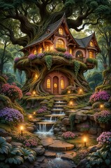 Obraz premium This image features a fairytale treehouse surrounded by a lush forest and a waterfall